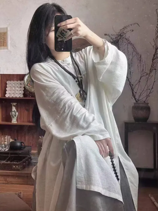 

New Chinese Sle Women's irt Cotton Linen Button up Spring Summer Zen Sle Loose Fit Long Sve Stand Collar Top