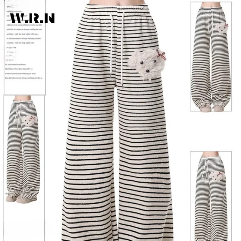 2025 Autumn Women's Casual Striped Print High Waist Wide Leg Pants Fashion Loose 3D Puppy Drawstring Full Length Trousers