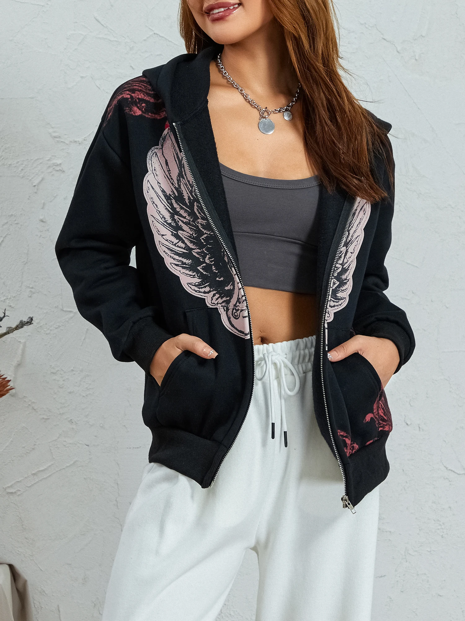 wsevypo Vintage Goth Wings Print Hoodies Women Loose Long Sleeve Zipped Hooded Sweatshirts Grunge Punk Autumn Coats Streetwear