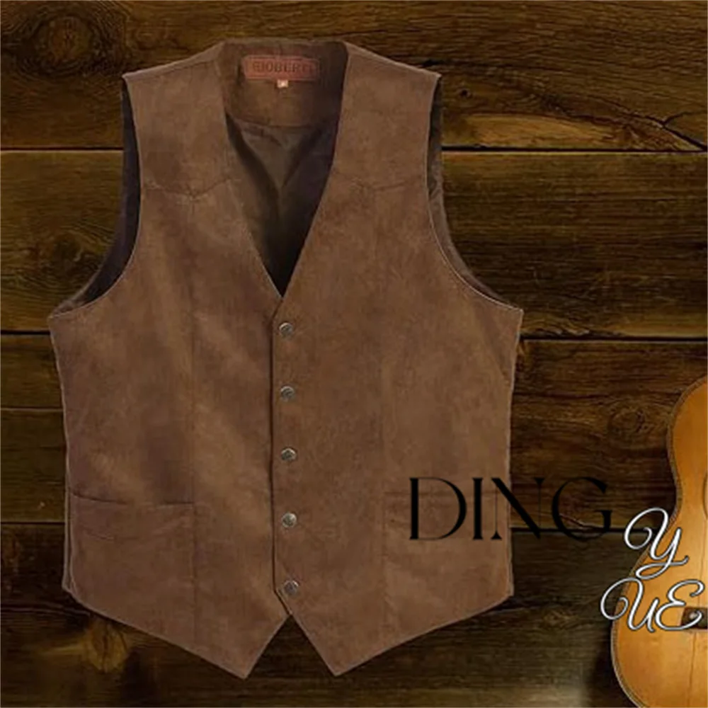 

Men's Slim Fit Suede Leather Suit Vest Casual V Neck Groom Wedding Gilet Homme 5 Buttons Fashion Waistcoat