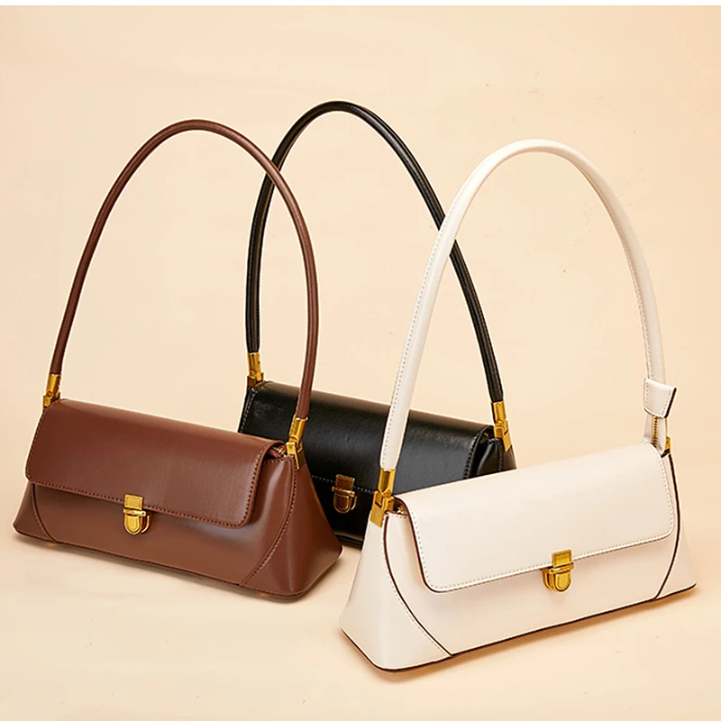 BURMINSA Small Lock Flap Genuine Leather Underarm Bag Women Retro Cowhide Shoulder Bag Daily Work Commuter Purse Luxury Handbags