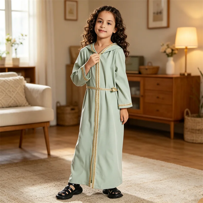 Vestido Abaya com Capuz para Meninas Muçulmanas, Kaftan Preto para Crianças, Vestido Islâmico Modesto de Manga Longa para Oração do Eid, Maxi Dress co