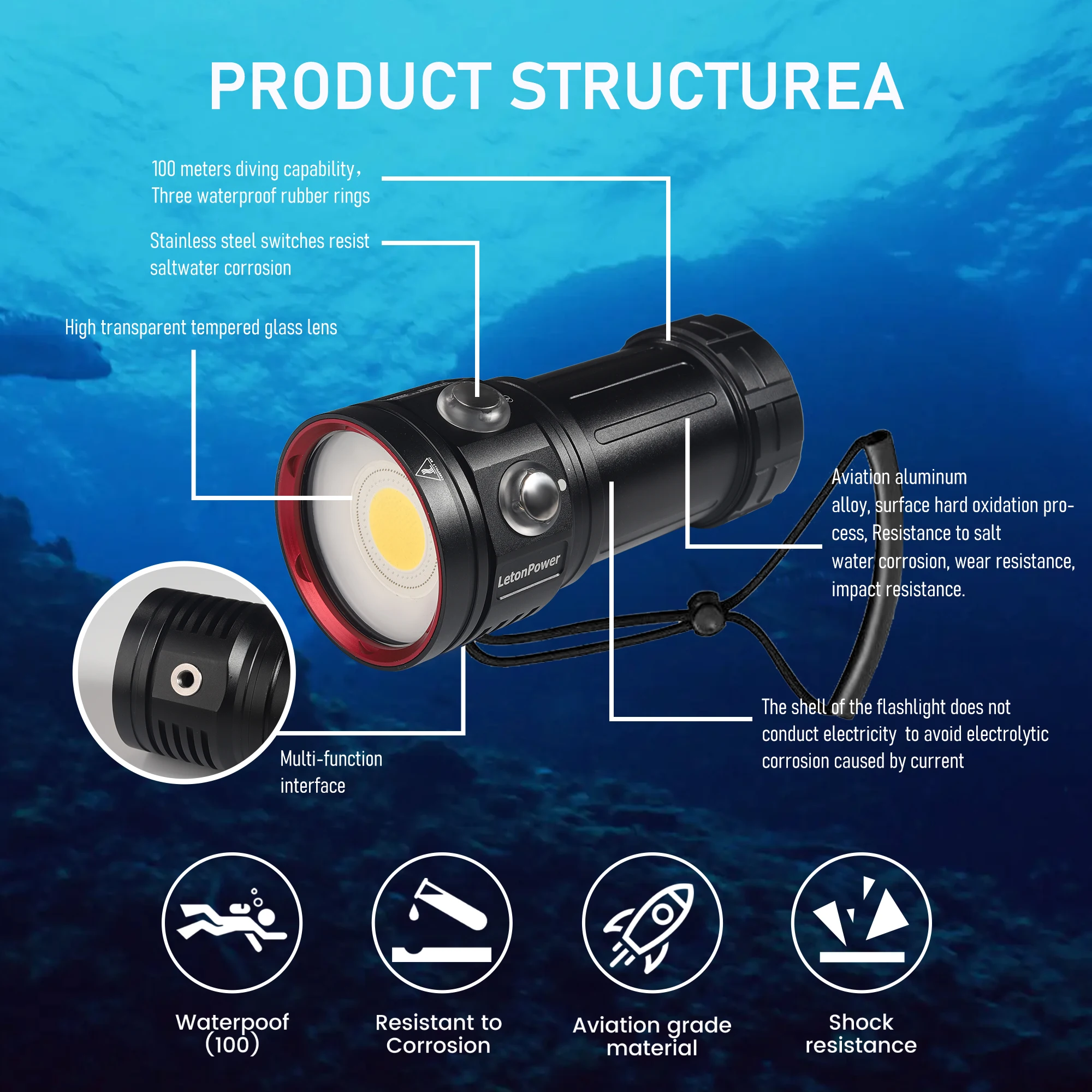 LetonPower Diving Flashlight 18000Lumens rechargeabl Underwater Lighting 100m Waterproof Torch For Photography Video Fill Light