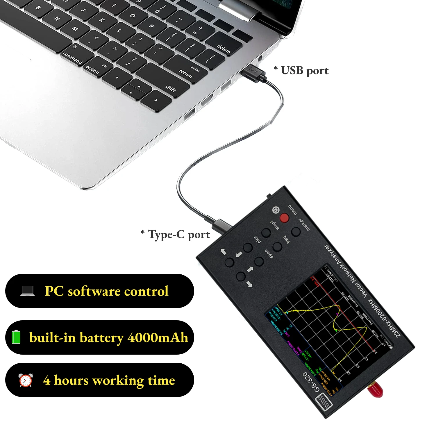 HTOOL GS320 محلل شبكة المتجهات 23 ميجا هرتز-6200 ميجا هرتز بطارية VNA المحمولة ، قياس نسبة الموجة الدائمة لقياس الجهد ، المرحلة ، مخطط سميث