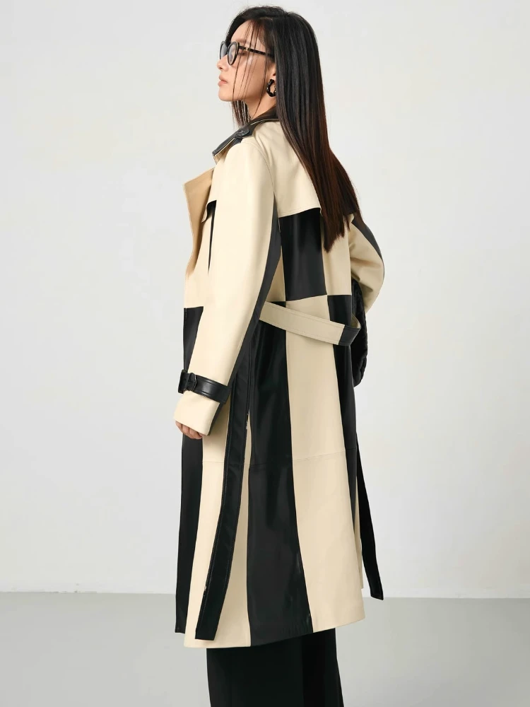 Elegant Long Genuine Leather Jacket for Women High-end Simple Black White Contrast Design Slim Belted Real Sheepskin Trench Coat