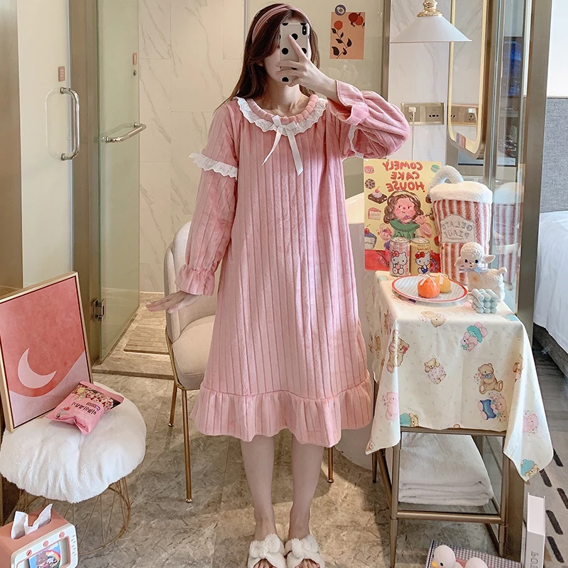 2024 Winter Plus Size Long Sleeve Thick Warm Flannel Nightgowns Women Korean Loose Coral Velvet Sleepwear Night Dress Nightdress