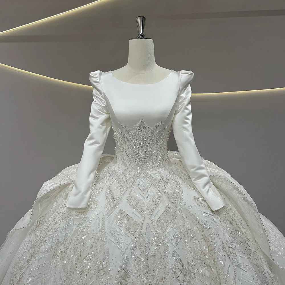 맞춤 제작 2026 신상 웨딩드레스 라운드넥 긴팔 비즈 장식 코르셋 브라이덜 드레스 새틴 웨딩드레스 웨딩드레스 (vestidos de novia boda)