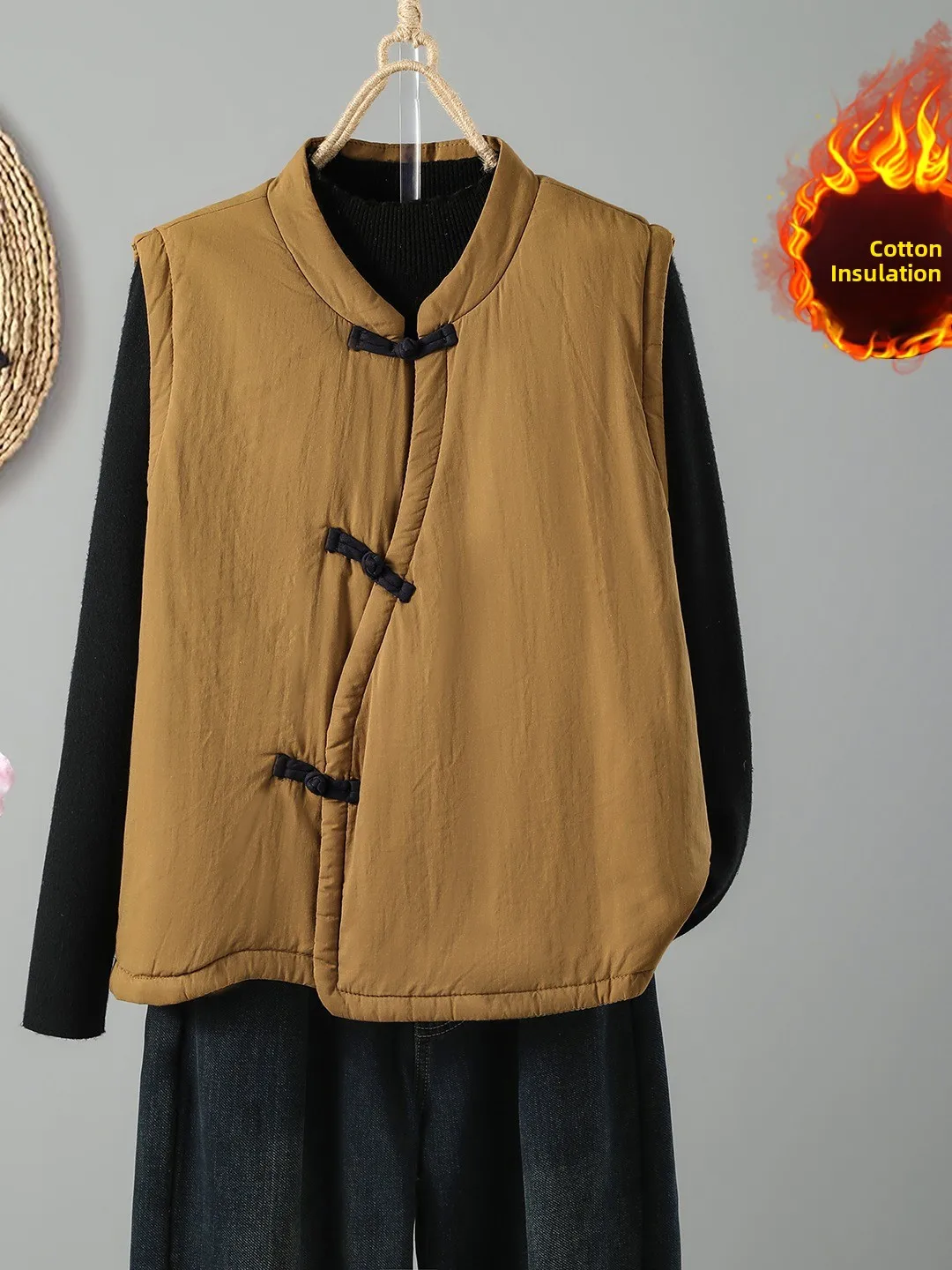 Winter Cotton Linen Unisex Warmth Outerwear Buttoned Sleeveless Vest Casual Regular Length Pure Color Home Wear Thickened