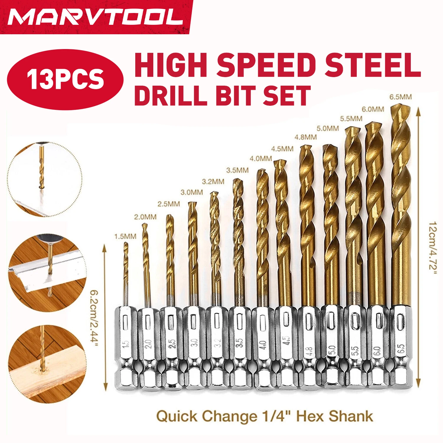 

Набор из 13 сверл Marvtool с титановым покрытием HSS, шестигранный хвостовик 1/4 дюйма, быстросменные, для различных материалов: дерева, пластика, алюминиевых сплавов