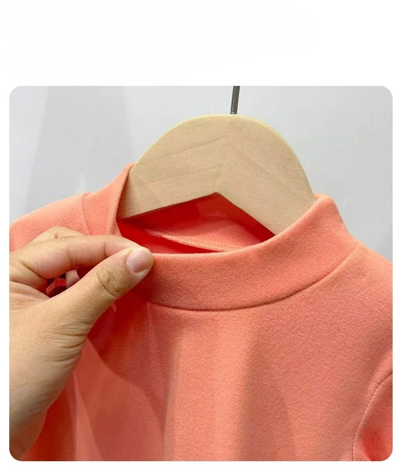 Winter Baby Warme Top Jungen Mädchen Samt Innen Einfarbig Unten kinder Halb Hohe Kragen Langarm T-shirt Kinder Kleidung – Detail 1