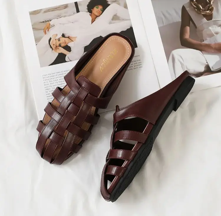 ZAROY Women Mules Summer Sandals Roman Woven Hollow-out Round Toe Flat Shoes Comfort Slip On Outdoor Slippers Pantuflas мюли