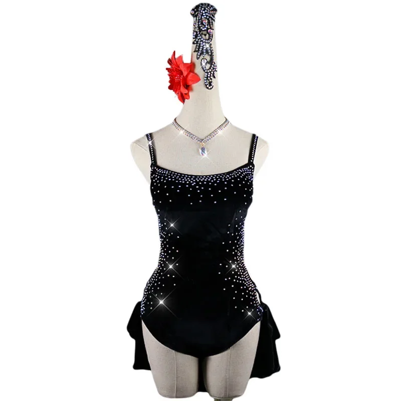 

Sparkly Rhinestones Latin Dance Dress Women Adult Costume Latin Dance Competition Dresses Clothes For Salsa Black Red Velvet