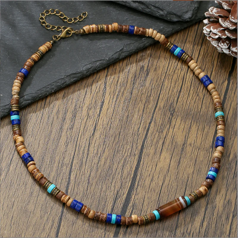 Colar hombre bohemia marrom azul macio polímero contas de madeira colar masculino collier homme masculino colar para homens mulheres collana uomo