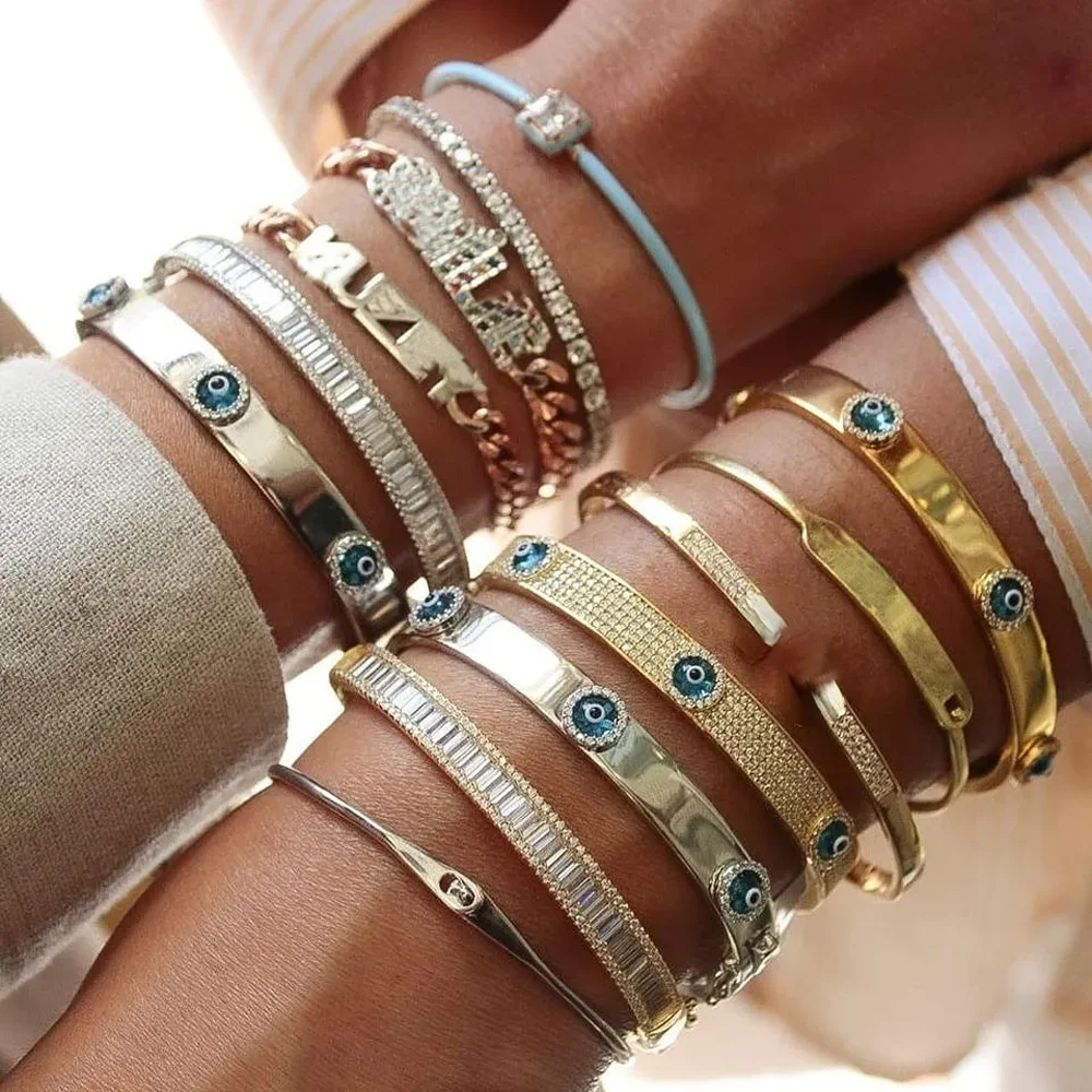 Glück türkischen bösen Blick offenen Armreif Armband für Frauen Gold Farbe bunte Zirkonia offene Manschetten hochglanz polierten Schmuck