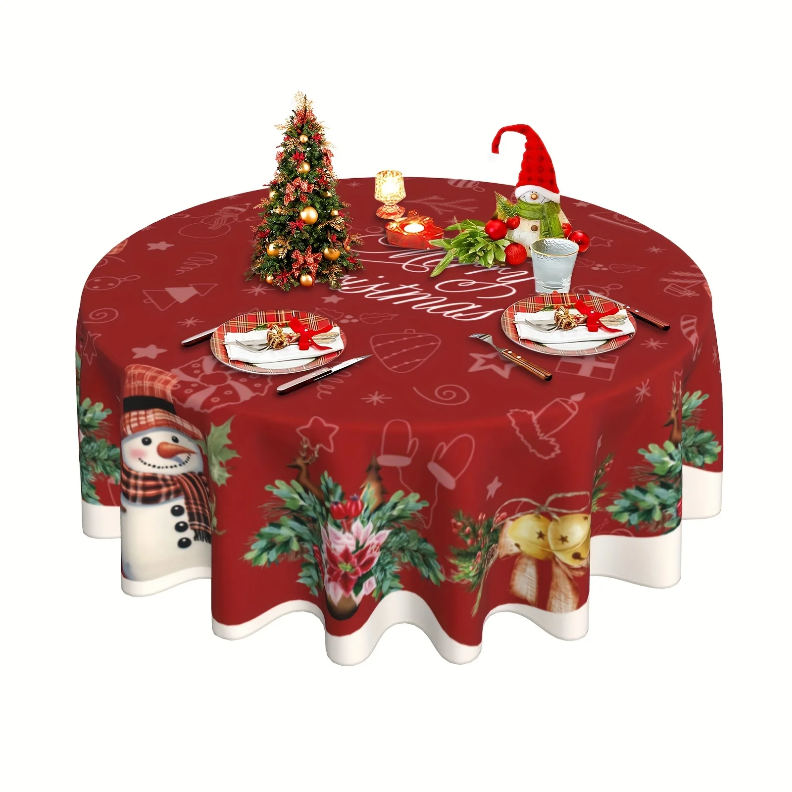 1Pc, Merry Christmas Tablecloth, Christmas Snowman Bell Pattern Tablecloth, Winter Christmas Day Tablecloth