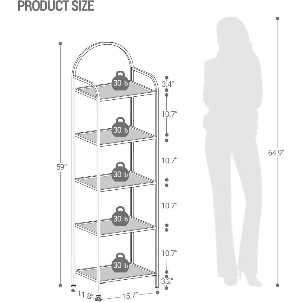 Bookcase Bookshelf, Tempered Glass Bookshelves, Slim Shelving Unit for Bedroom, Bathroom, Home Office, Steel Frame, 5 Tier