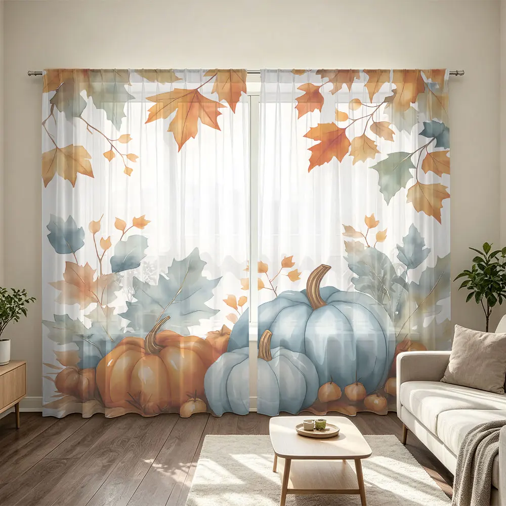 2Pcs Rod Pocket Curtain Light Block Privacy Drape Living Bedroom Watercolor Pumpkin Maple Leaf Print Window Curtain For Home