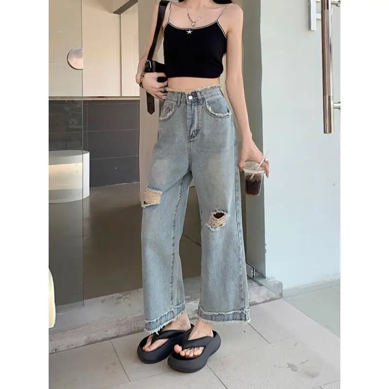 145cm Shortgirls Design Bottom Burr Sense Frayed Hole Jeans Women High Waist Straight Wide-Leg XS Appear High Eight-Point Summer