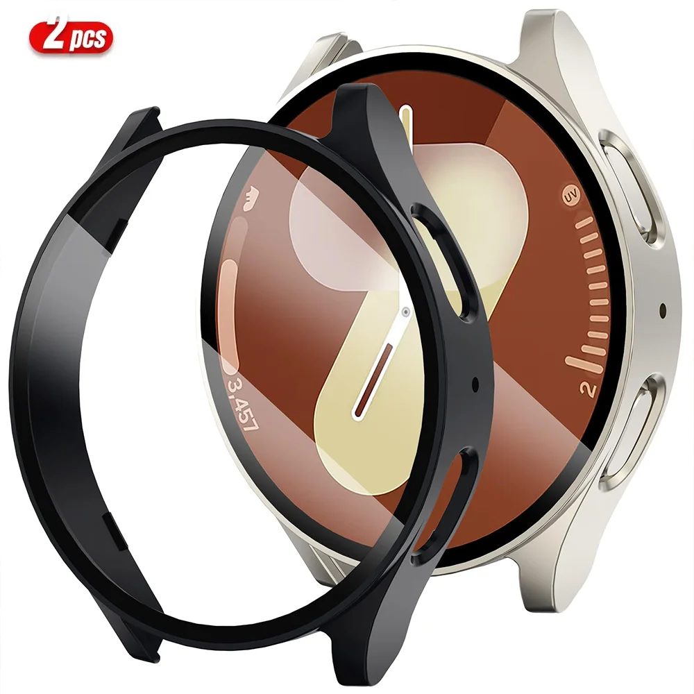 Displayschutzfolie für Samsung Galaxy Watch 7, 6, 5, 4, 40 mm, 44 mm, 2 Stück, mattes Hart-PC-Gehäuse, gehärtetes Glas, Schutzhülle, Stoßstange