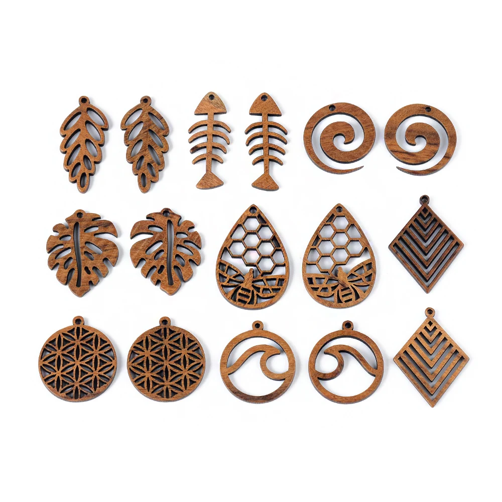 6pc/lot Fish/Flower shape Wood Pendant Resin Plate Pendants Jewelry Accessory Handmade Connector DIY Earring Component for Women