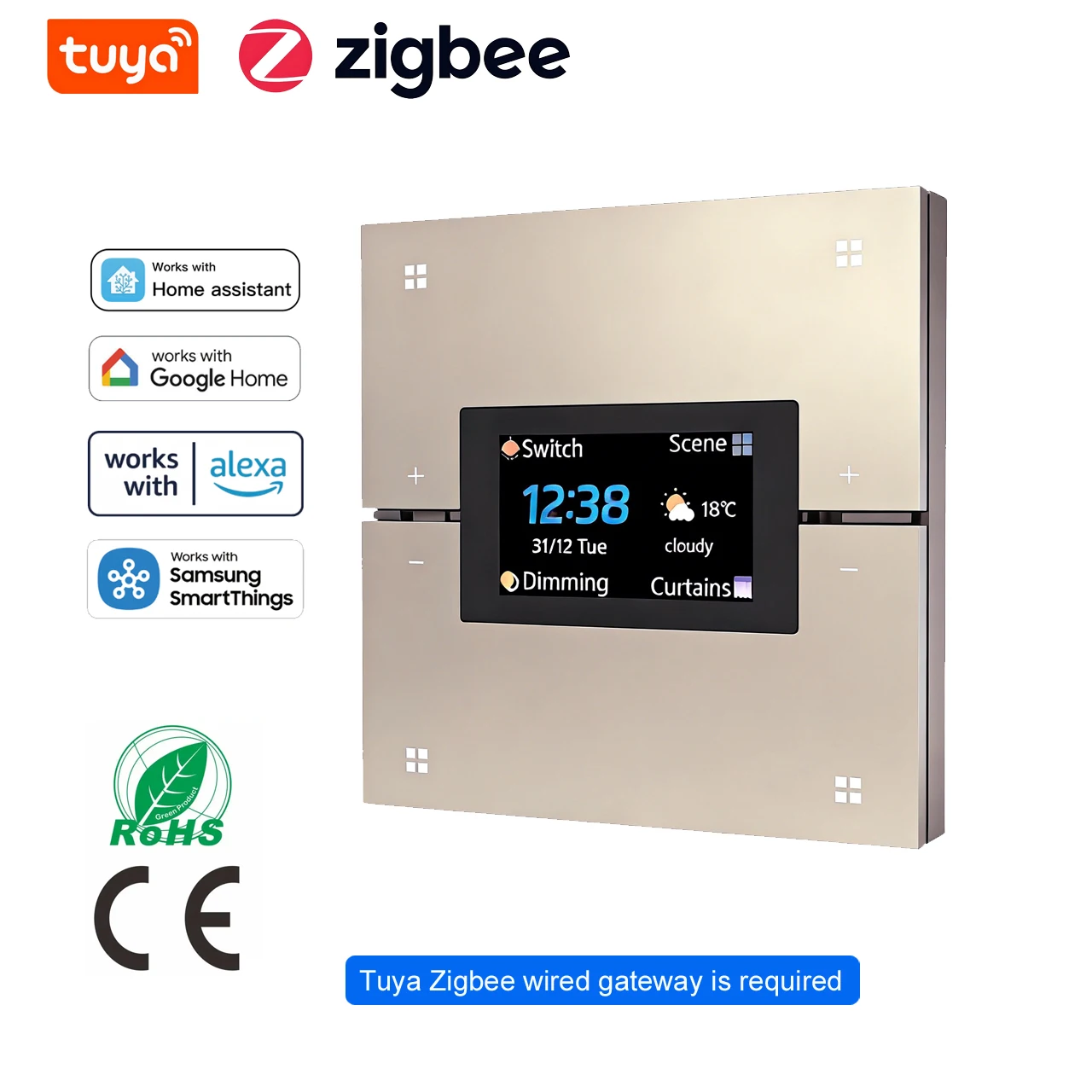 Tuya Smart Wall Switch Work Zigbee2MQTT Home Assistant Aluminum 4 Gang Dimming Scene Switch Display Time Calendar Weather M9 Pro
