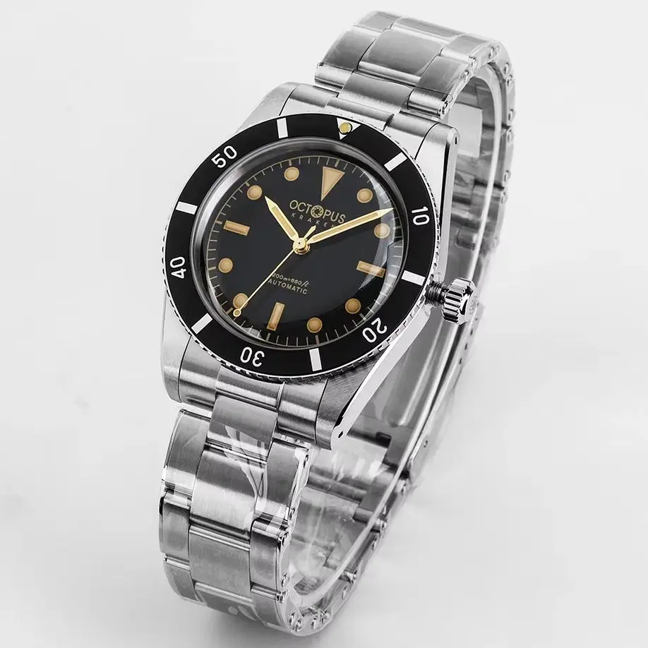 Octopus Men Automatic Watch Pilot 37mm Retro Mechanical Wristwatch Diver 20Bar Waterproof Luminous Aluminium Bezel PT5000