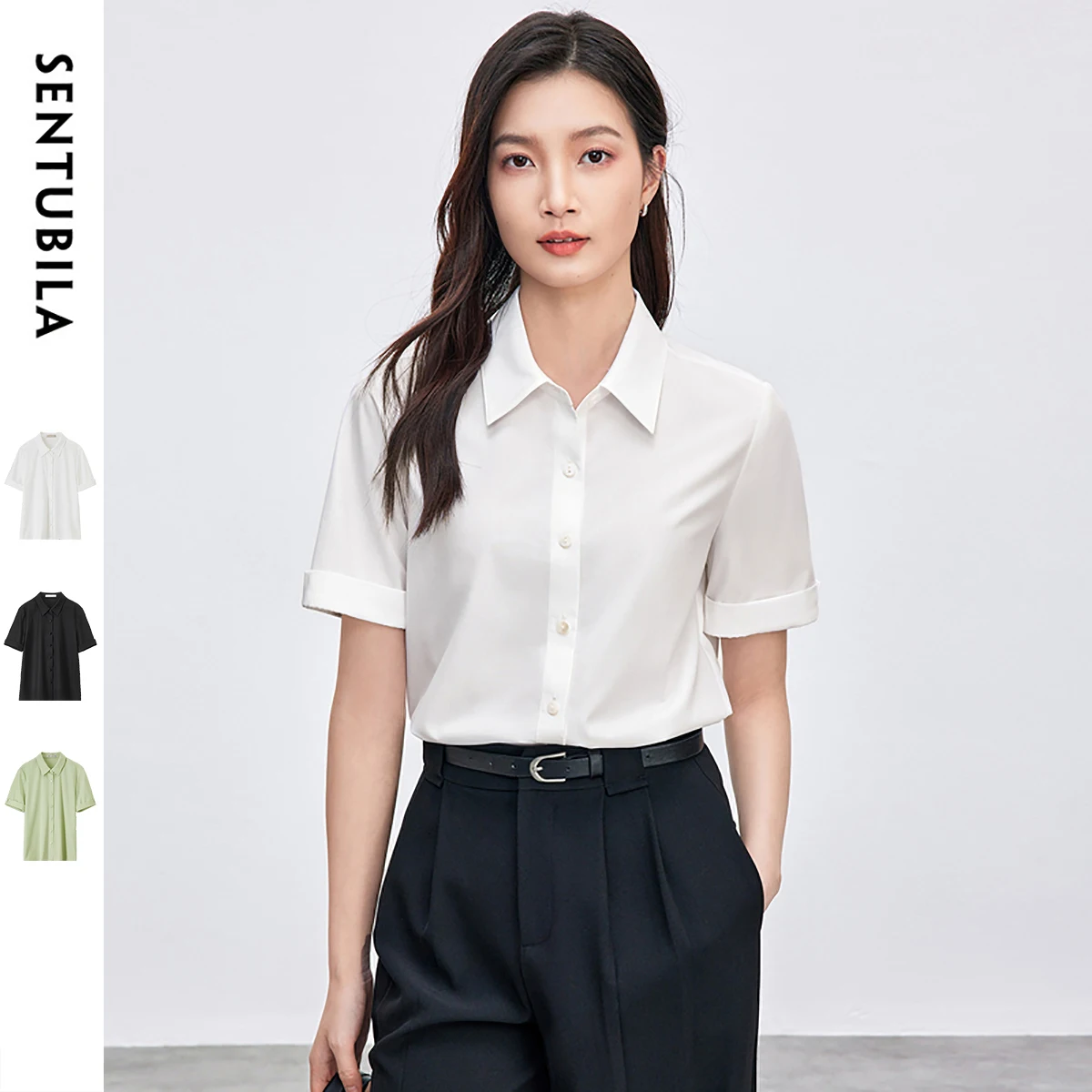 

SENTUBILA Elegant Lady Short Sleeve Shirt 2025 Summer Office Commute Turn-Down Collar Button-Up Design Women's Blouses 152C59384