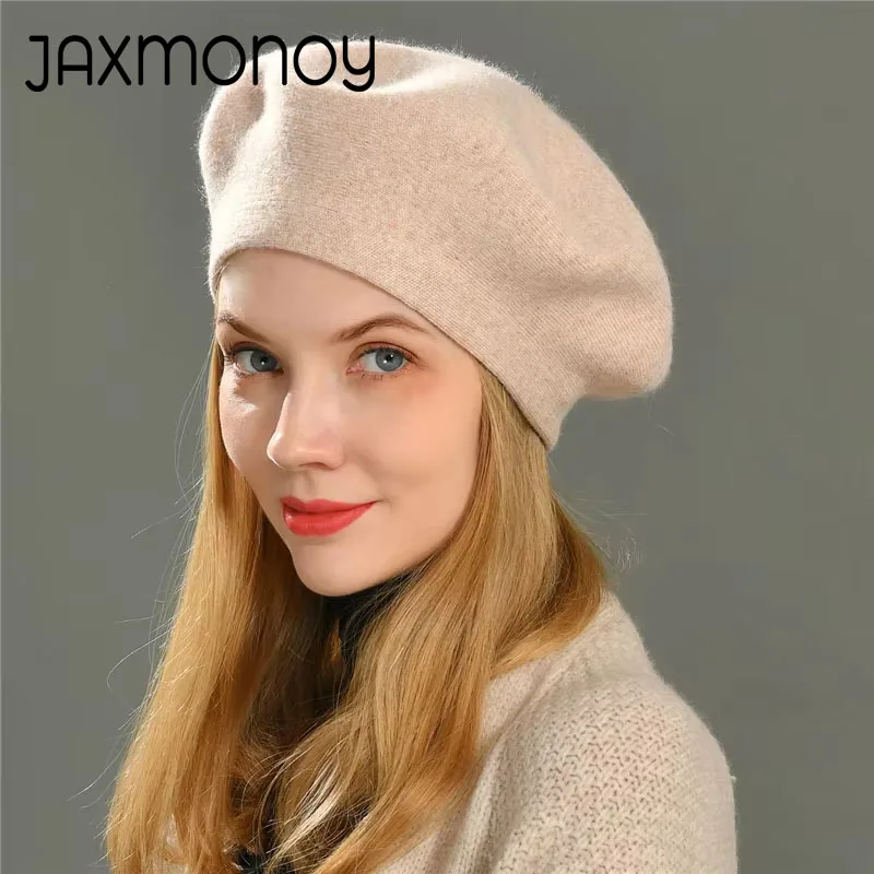 Jaxmonoy Women Wool Berets French Artist Style Warm Winter Beanie Hat Plain Solid Color Elegant Lady All Matched Painter Caps
