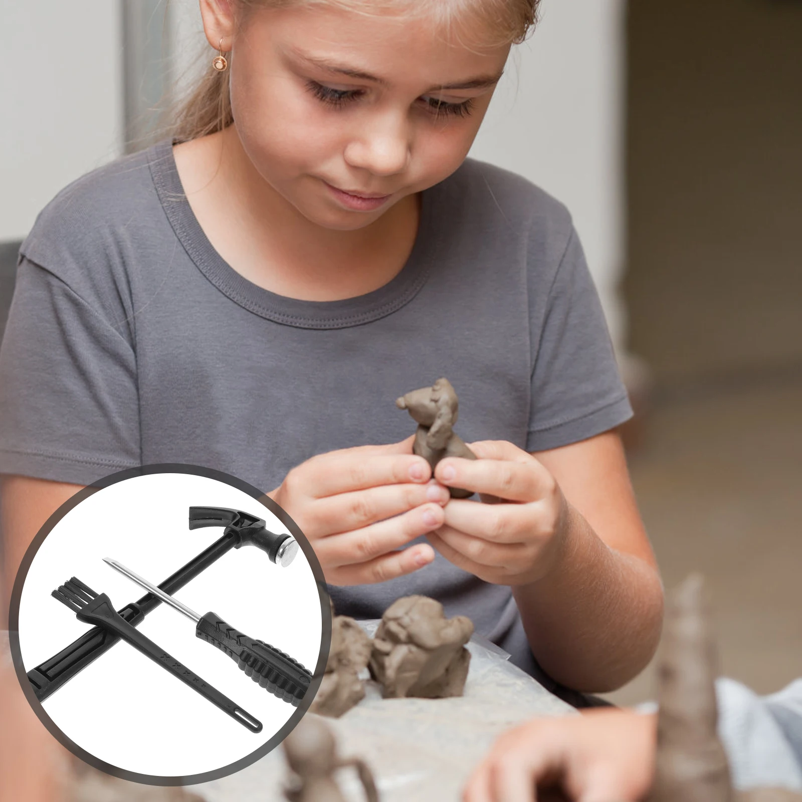 2 conjuntos de ferramentas de escavação kit pequena escova cinzel martelo ferramentas aprendizagem para crianças treinamento habilidade motora fina pedra preciosa