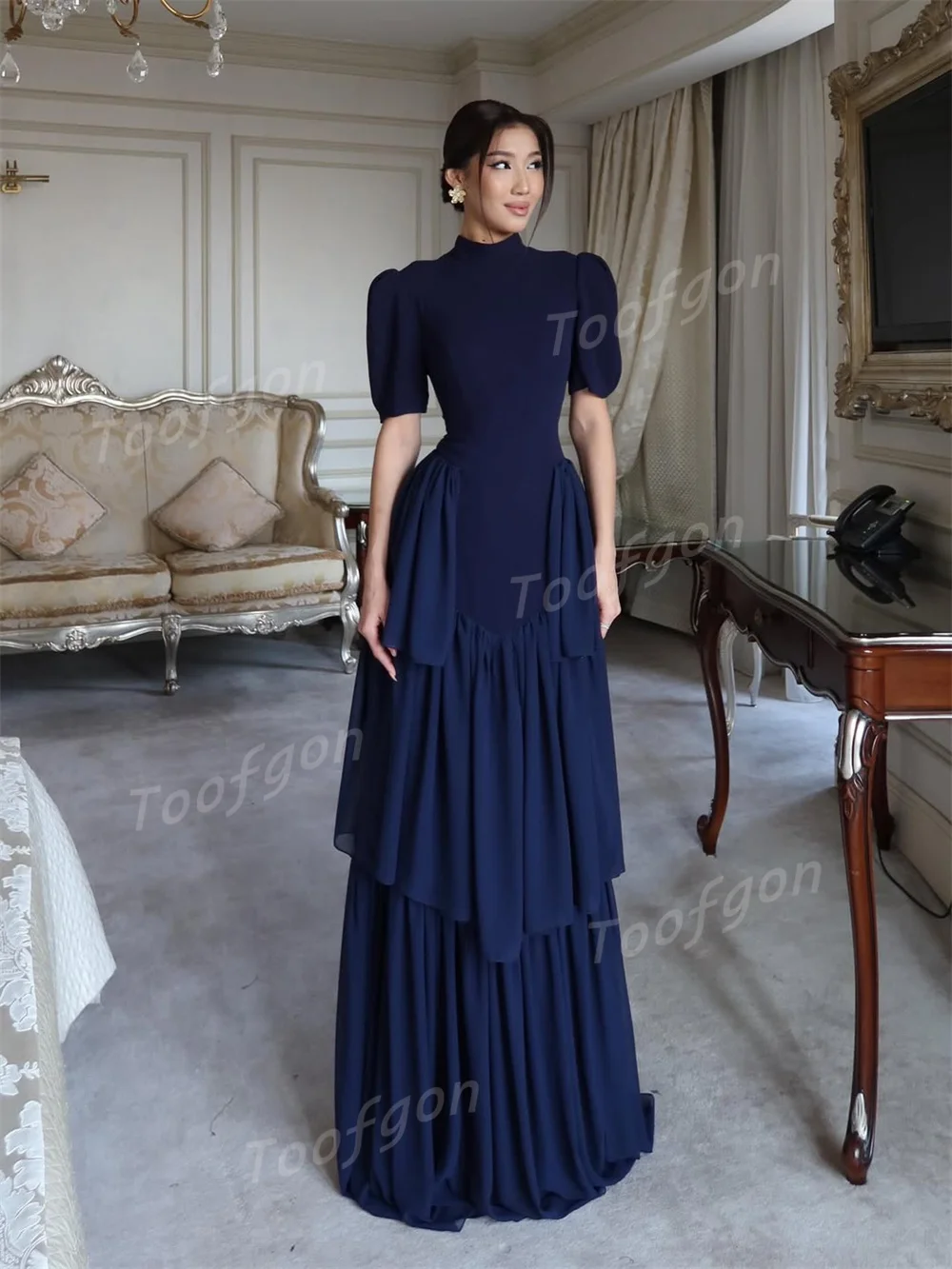 Toofgon Short Sleeve Blue Prom Dresses Satin Chiffon Women Evening Dress Ruffles Long Special Event Party Gowns Customized