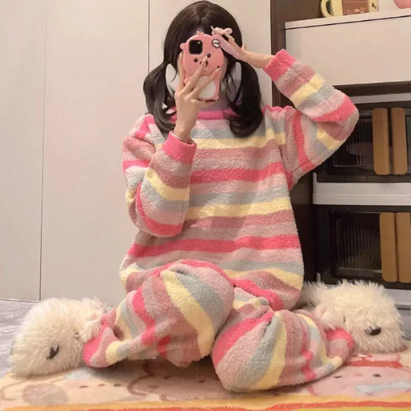 New Product Women Autumnwinter Fashion Soft Comfort Rainbow Striped Pajama Set Long Sleeve Sweet Thickened Warm Home Clothingset