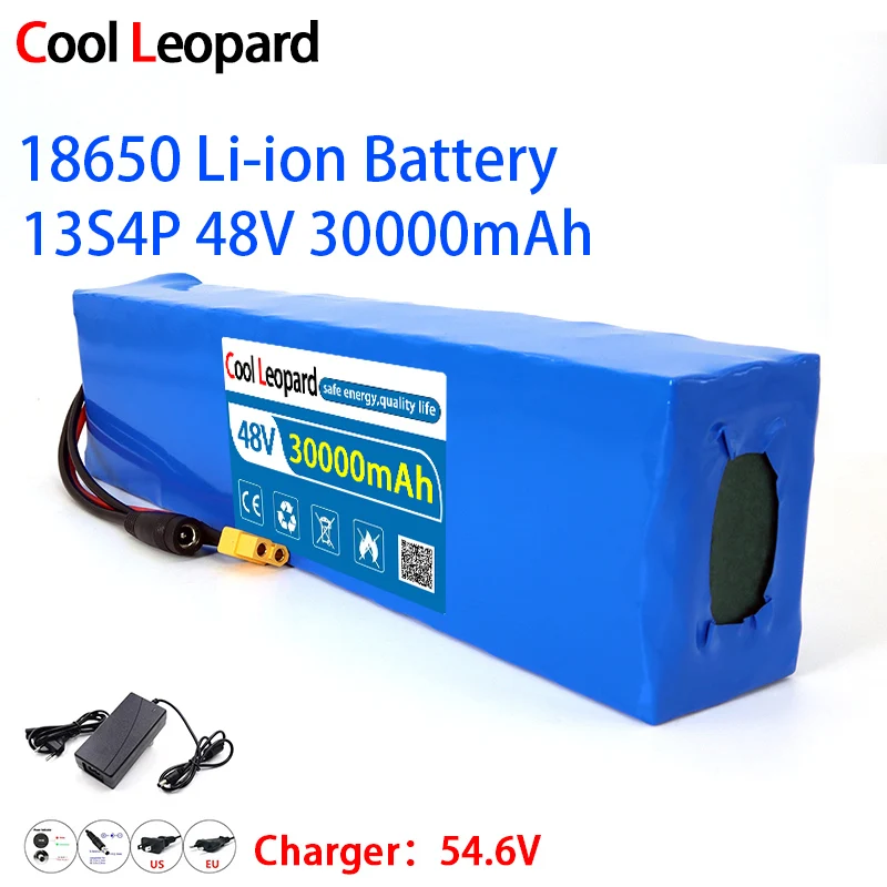 

13S4P 48V 30000mAh 18650 Lithium Ion Battery Pack,For Bike Conversion Kit Bafang 1000W Belt 54.6V 2A Charger + XT60 Plug