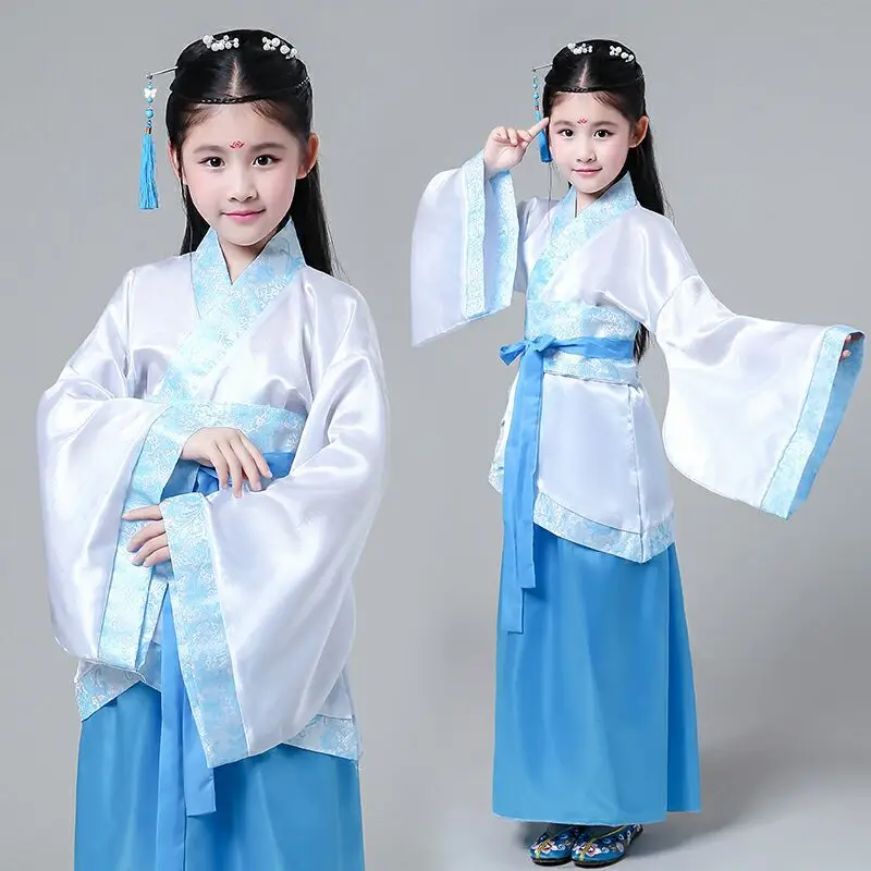 Chinese silk robe Costume Girls Children Kimono China Traditional Vintage Ethnic Fan Students Chorus Dance Costume Hanfu