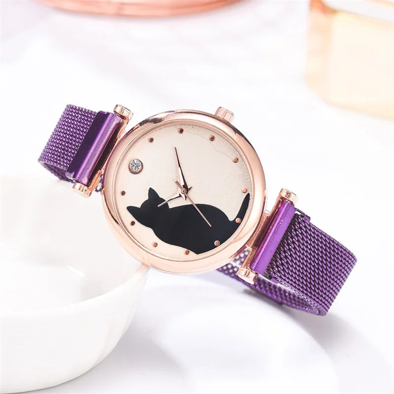 5pcs Set Luxury Women Watches Rose Gold Bracelet Set Cat Pattern Magnet Quartz Watch Ladies Bracelet Wristwatch Relogio Feminino