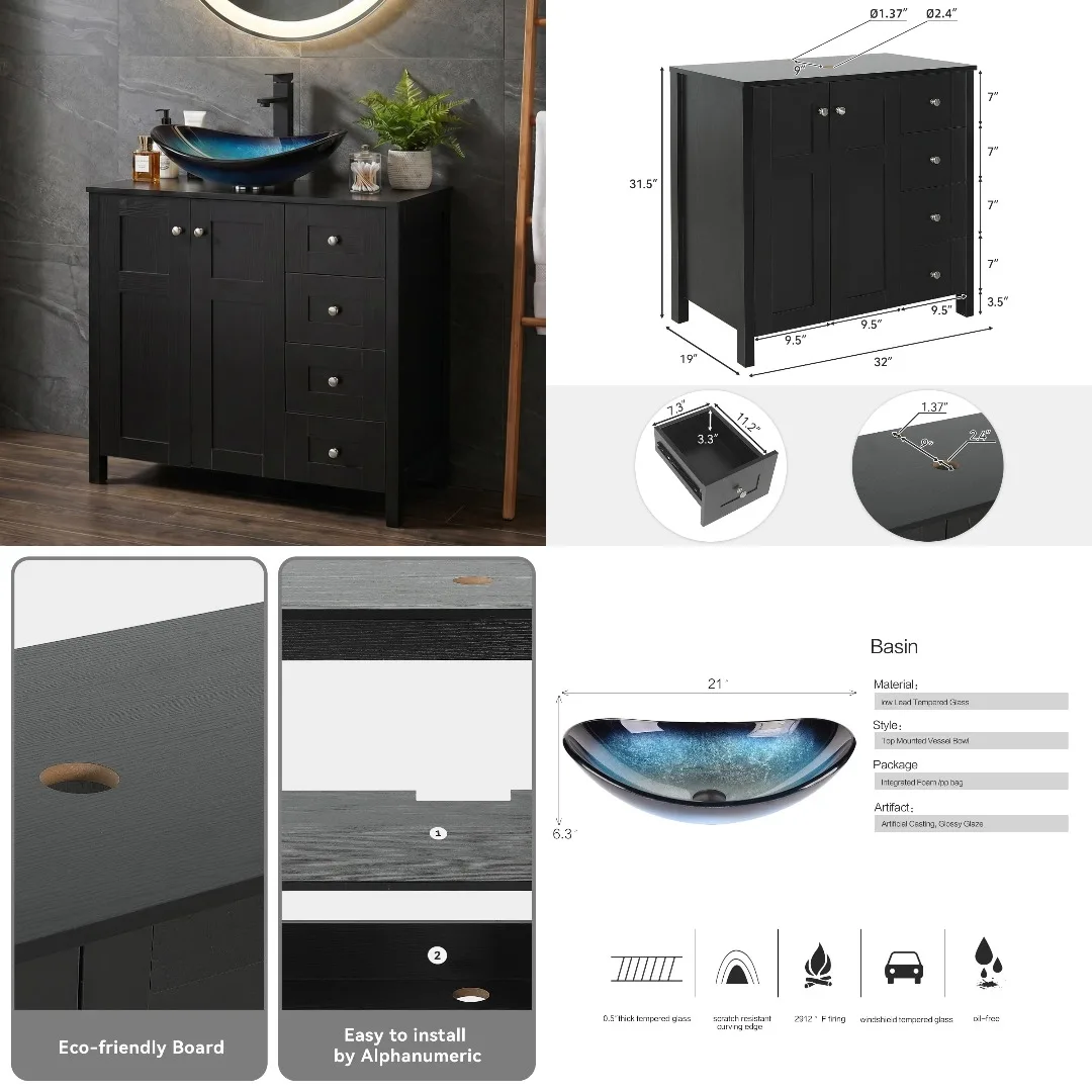 

32in Traditional Freestanding Bathroom Vanity Cabinet with Sink 4 Drawers Pedestal Boat Glass Bowl, Customized