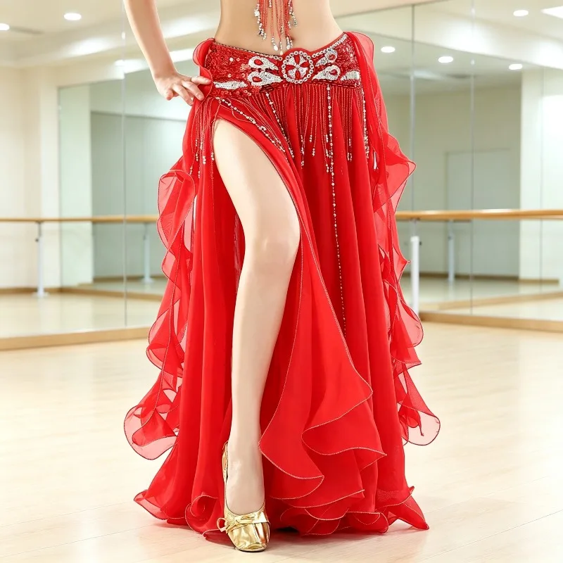 Womens Belly Dance Skirt Double Slit High Split Flowy Design For Stage Performance Daily Dance Practice Wear