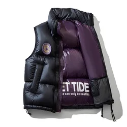 Men's Winter Duck Down Puffer Vests Fashion Padded Puffy Waistcoat Thick Warm Sleeveless Parkas With Patchwork Thermal Overcoat