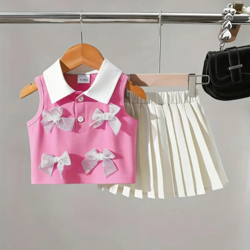 Little Girls Sleeveless Collar Bow Tank Top Pleated Skirt Set Kid Summer Daily Casual Outfit Toddler Fashion Birthday Wear ZYD47