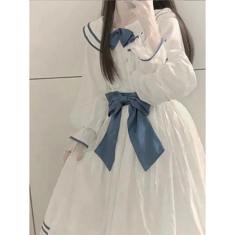 

White Dresses Women Sailor Collar Kawaii Clothes Girlish Preppy Design Sweet Japanese Stylish Panelled Personal Gentle Vestidos