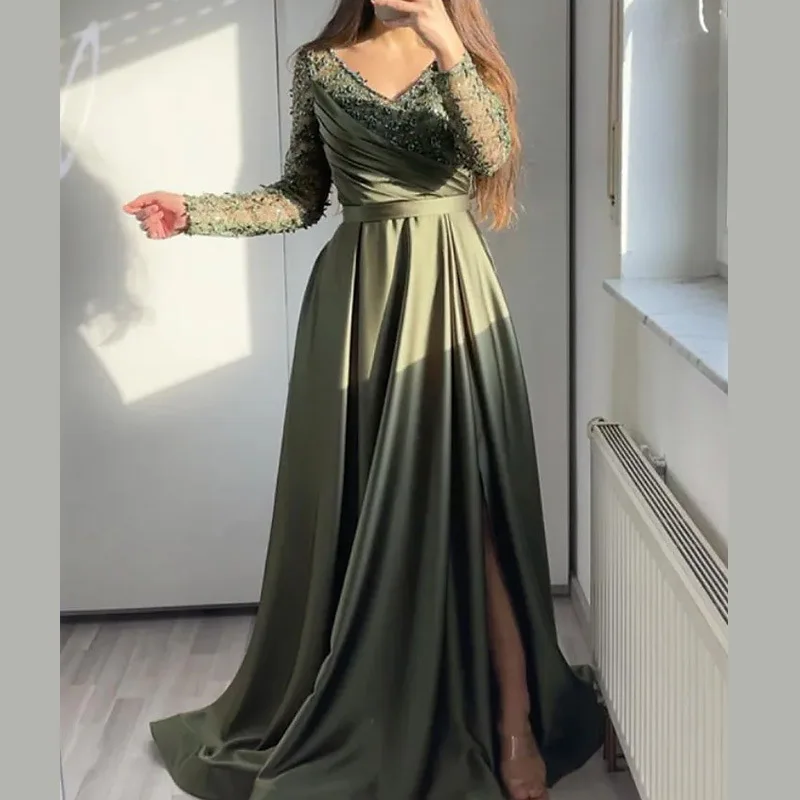 

Off-Shoulder Ruffle Red Black Green Mid-Waist Solid Color Elegant Lace Long Dress Evening Gown