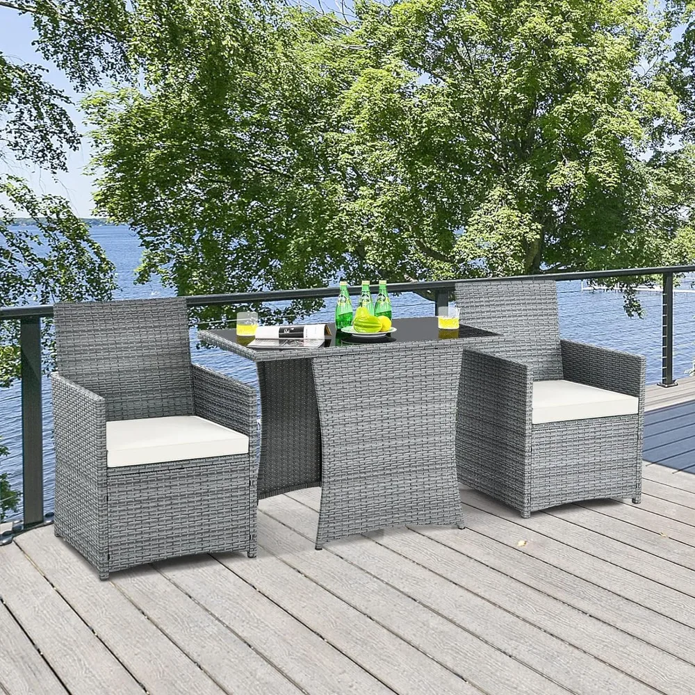 3 Pieces Patio Dining Set, PE Rattan Bistro Set with Tempered Glass Top Table and Cushioned Chairs, Outdoor Furniture Dining Set