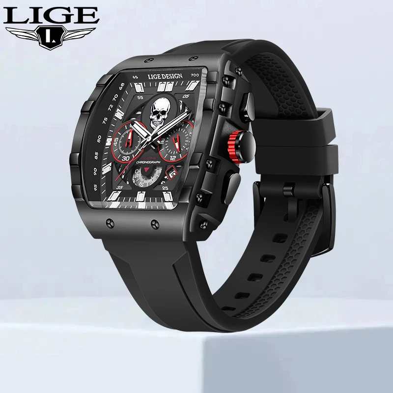 LIGE Fashion Business Watch for Men Top Brand Luxury Casual Sports Silicone Business Waterproof Creative Skull Quartz Wristwatch