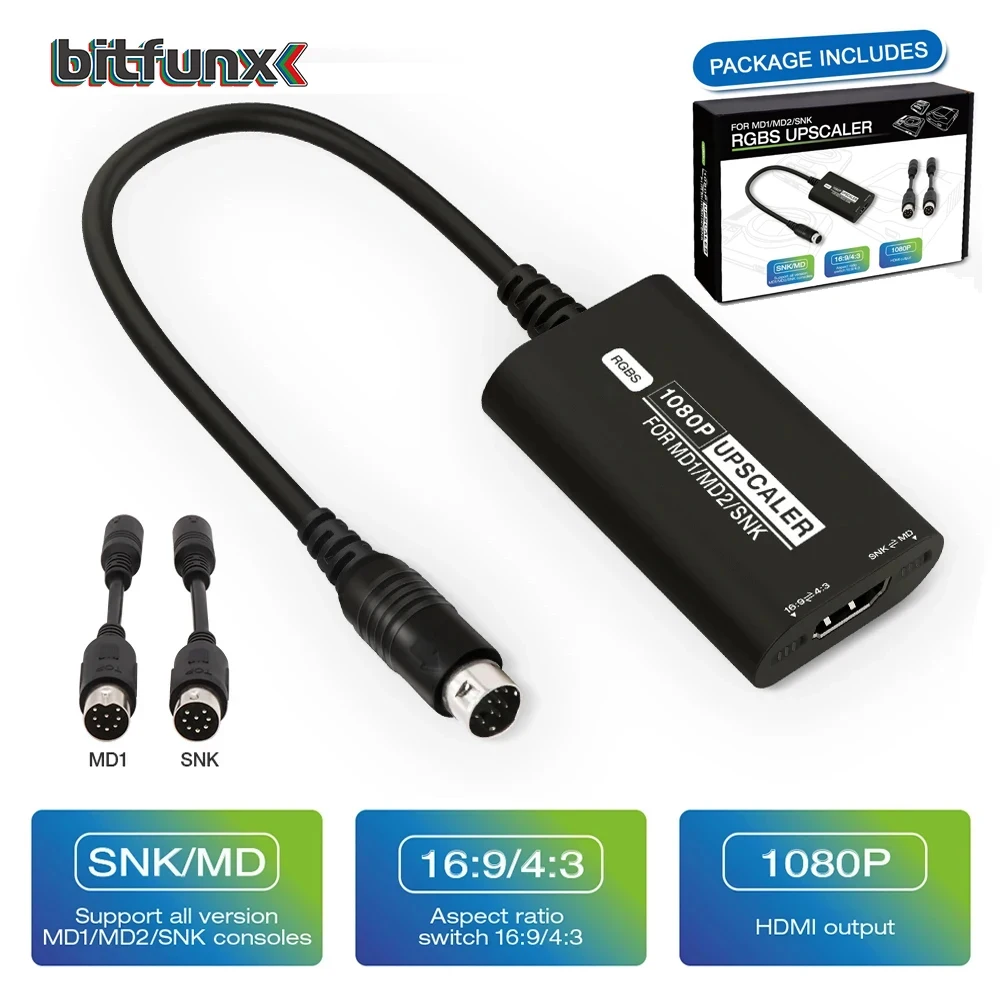 

BitFunx RGBS Upscaler For SEGA/MD1/MD2/SNK Game Console 1080P HDMI Output Converter Adapter 240p/288p/480p/480i/576i/576p Input