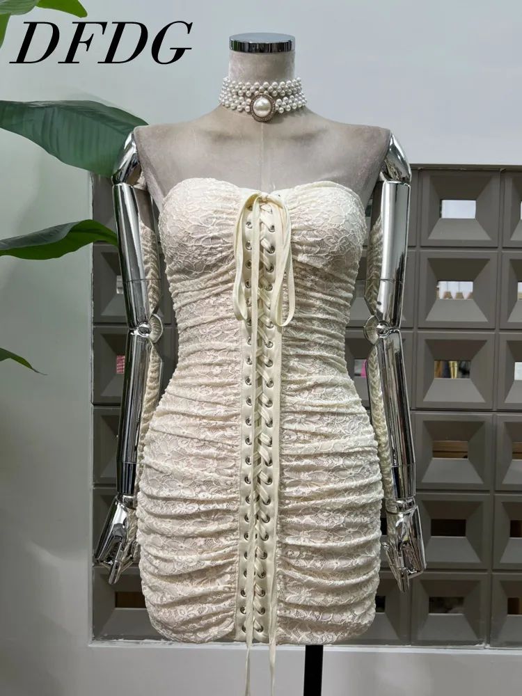 DFDG – Mini robe Bustier froncée et moulante en dentelle pour femmes, tenue de soirée moulante aux hanches, printemps et été 2025