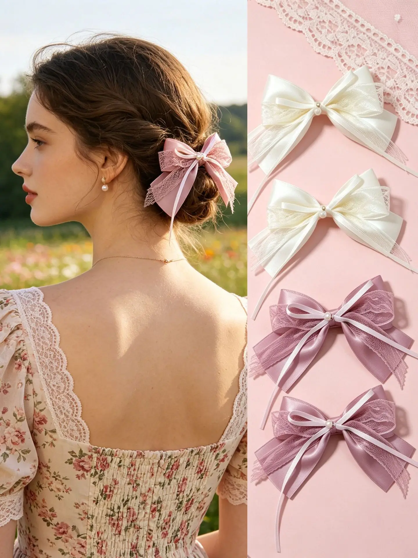 

30Pc Women's Hair Clips Lace Pearl Bow Netting Long Tassel Ribbon Ladies Side Clip Tulip Flower Hairgrips Girls Headwear Bulk
