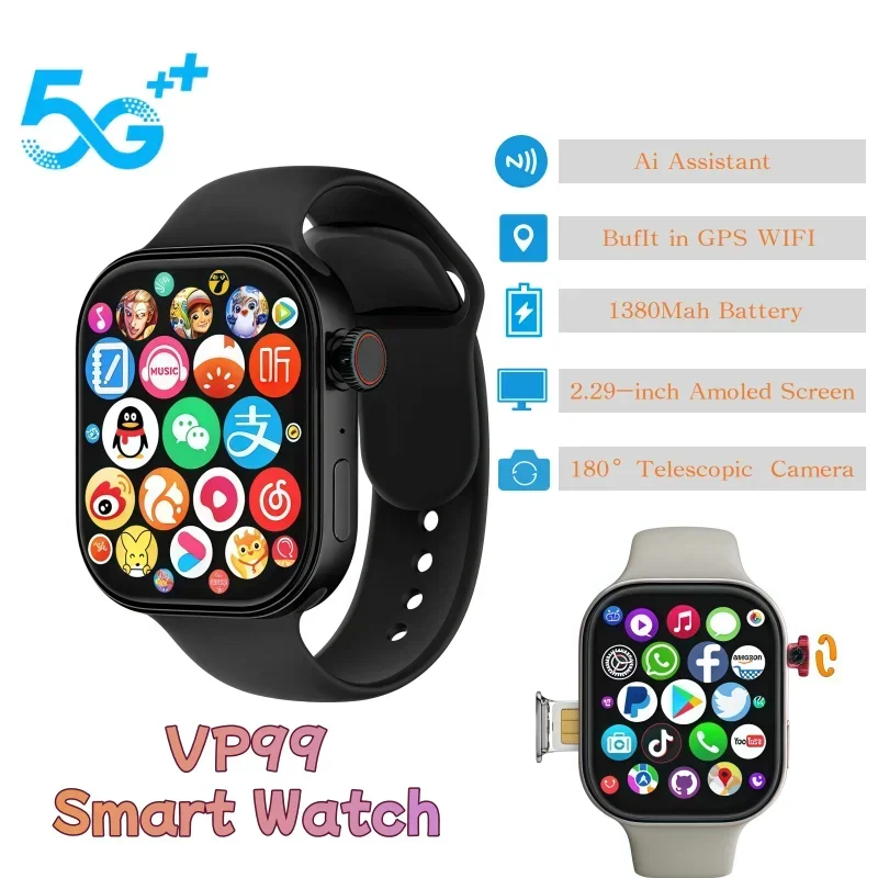 

VP99 Smartwatch 4G LTE Android Смарт-часы с экраном Amoled 2,29 дюйма и 180 ° вращающаяся камера Global Talk GPS WIFI слот для SIM-карты