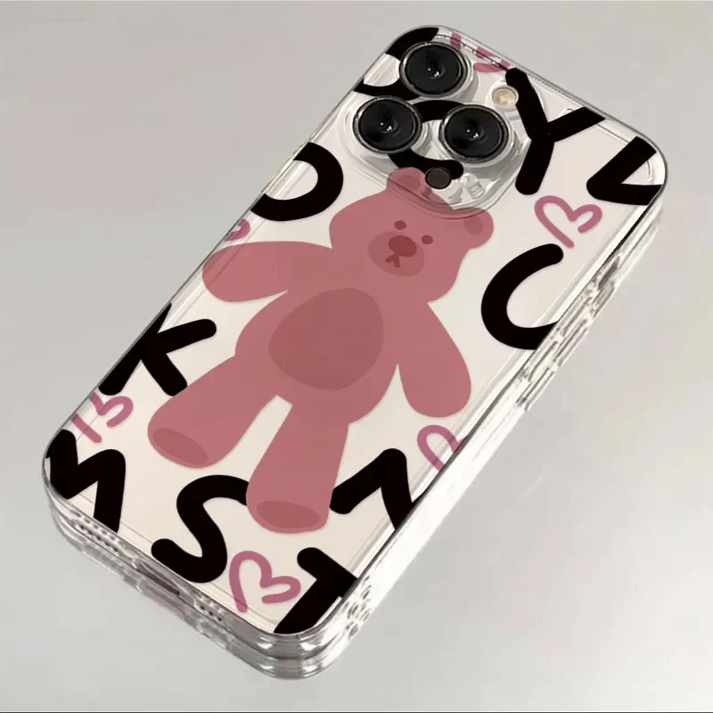Ins Korean  Lovely Pink Bear Phone Case For iPhone 16 Pro Max 15 14 13 12 11 XR XS Max 7 8 Plus Y2K  Soft Anti fall Phone Case