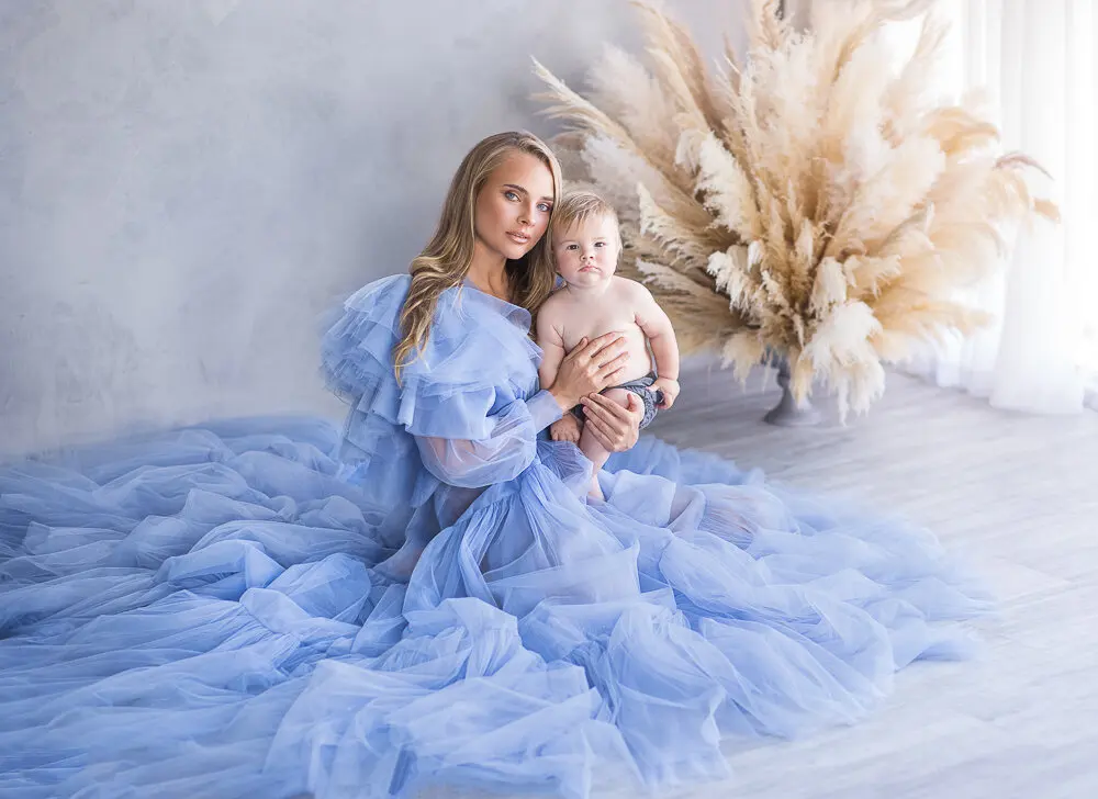 Blaues Umstands kleid mit V-Ausschnitt, gekräuselte Ärmel, transparenter Bademantel, Baby party kleider, Schwangerschaft fotografie kleid