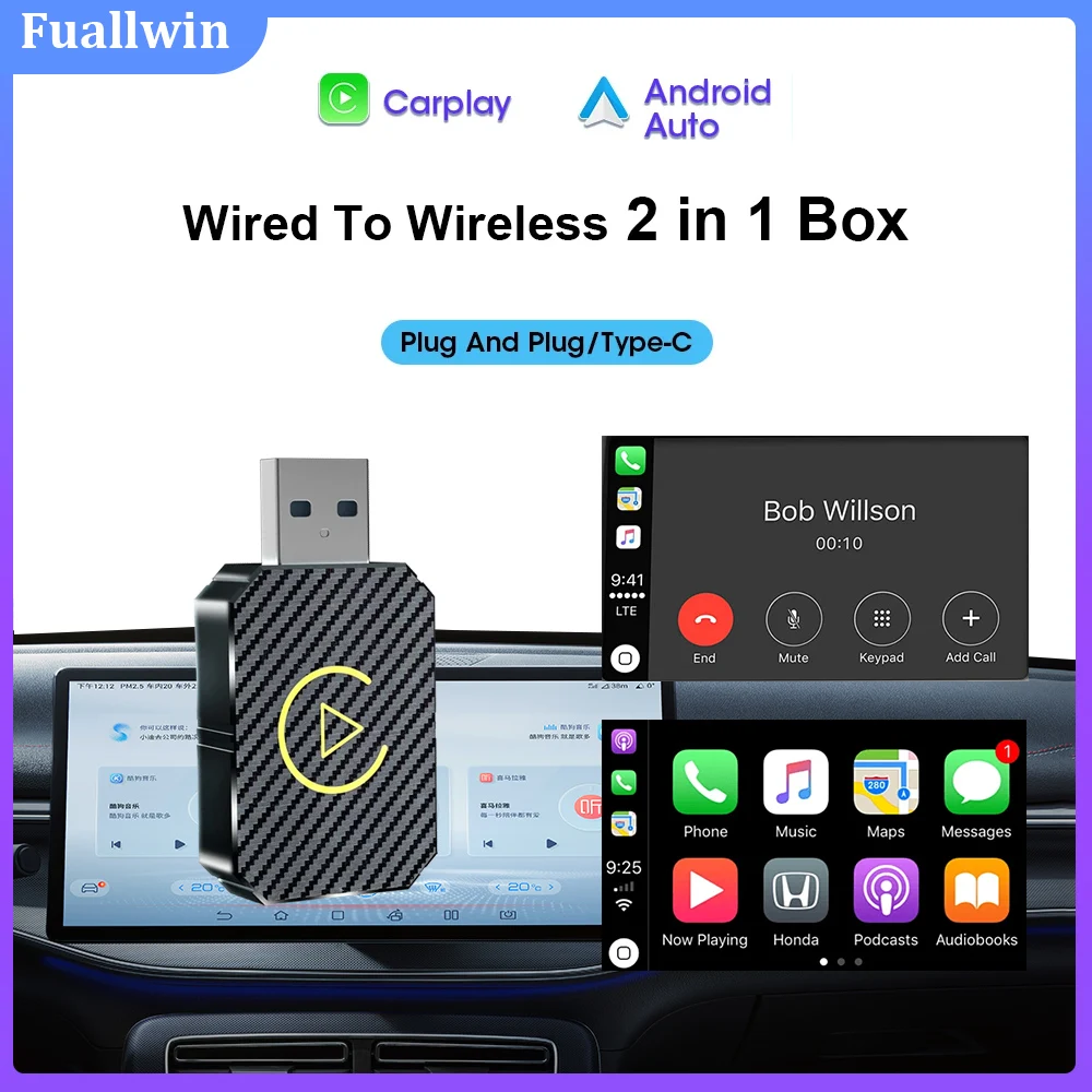 

NEW Wireless CarPlay Android Auto Adapter 2 in 1 Mini Car Ai Box for Audi Toyota VW Peugeot Wired to Wireless plug and paly