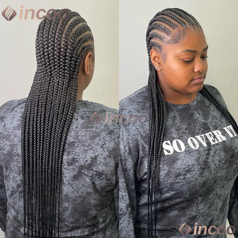 

36-дюймовые плетеные парики Cornrow для чернокожих женщин, плетение в коробке без узлов, парик спереди, натуральные синтетические косы, африканские парики